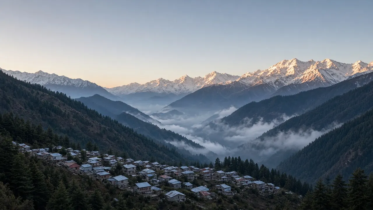 सूर्योदय के समय डोडा के पास चिनाब घाटी में बर्फ़ से ढकी चोटियां और जंगलों से घिरा पहाड़ी कस्बा